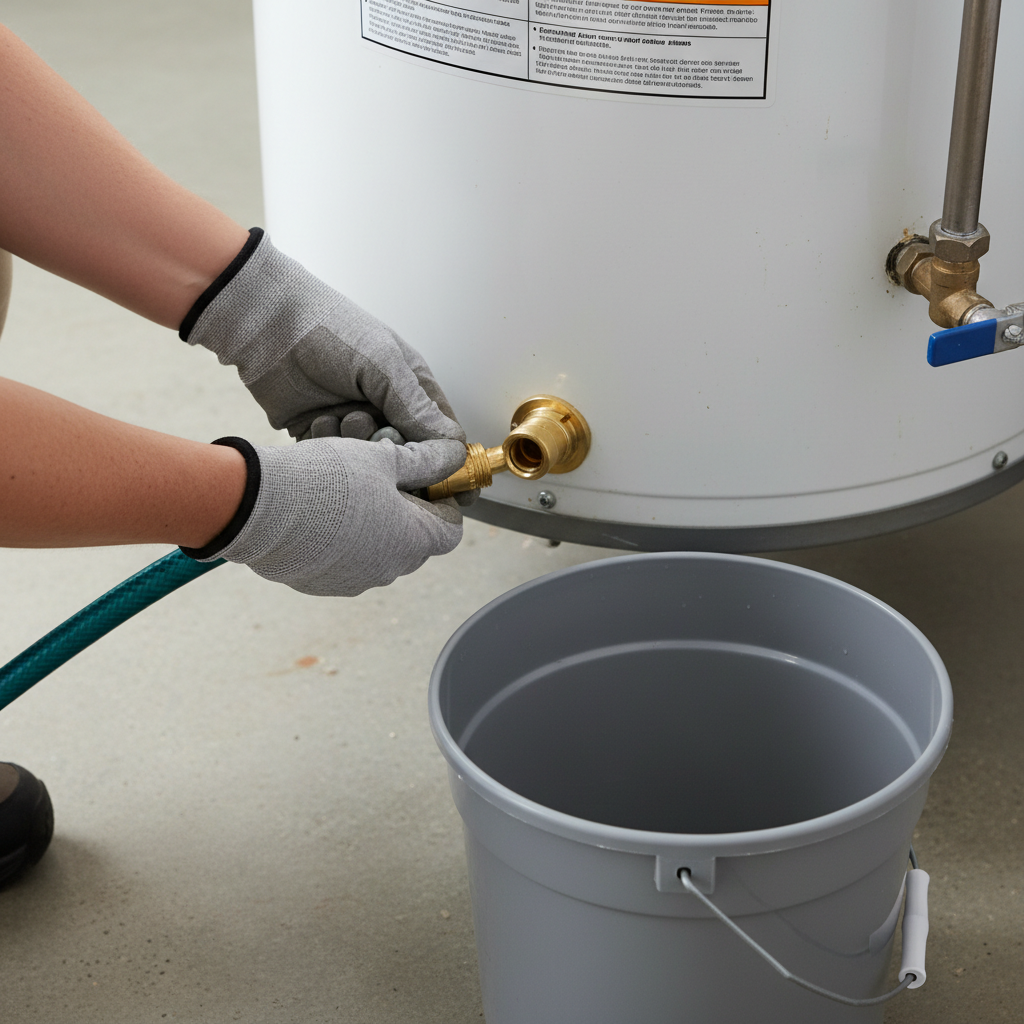 Homeowner attaching a garden hose to a water heater drain valve to flush sediment