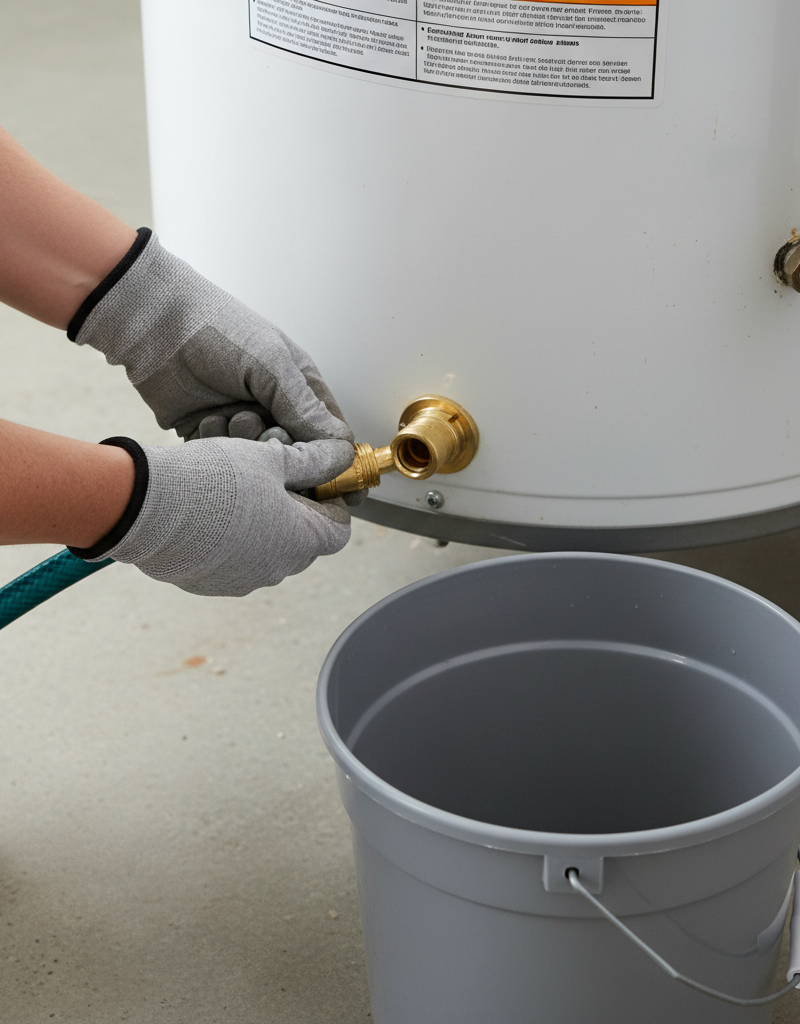Homeowner attaching a garden hose to a water heater drain valve to flush sediment