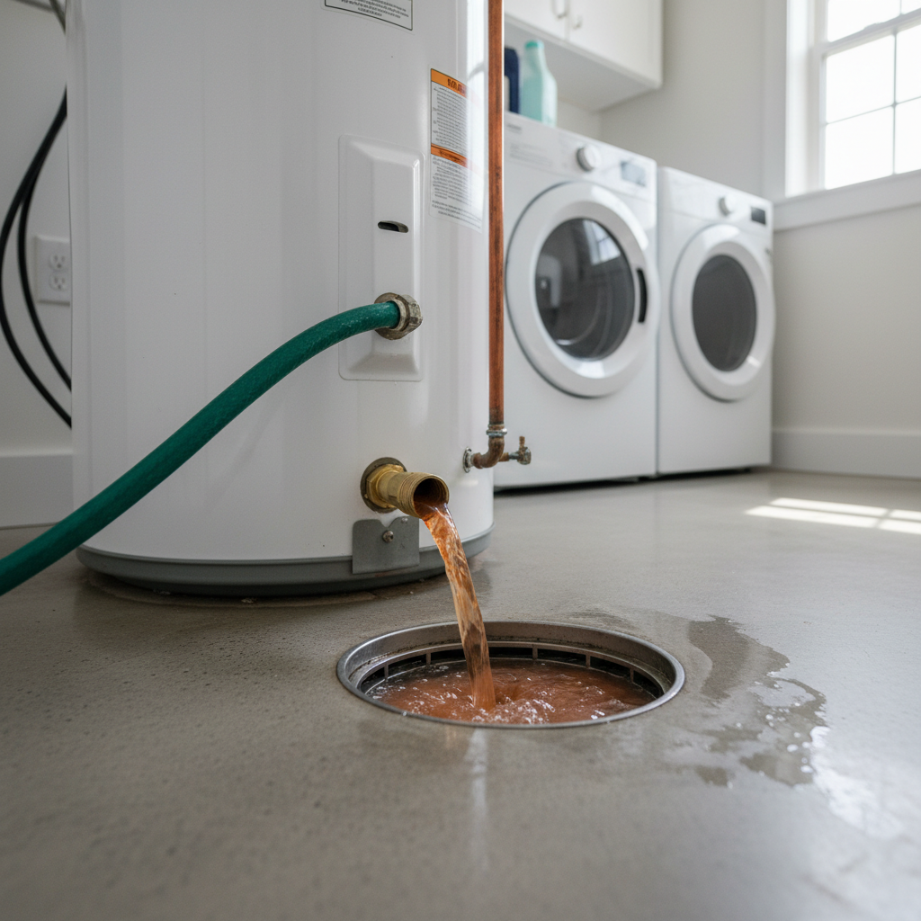 Homeowner flushing a water heater to remove sediment causing popping noises
