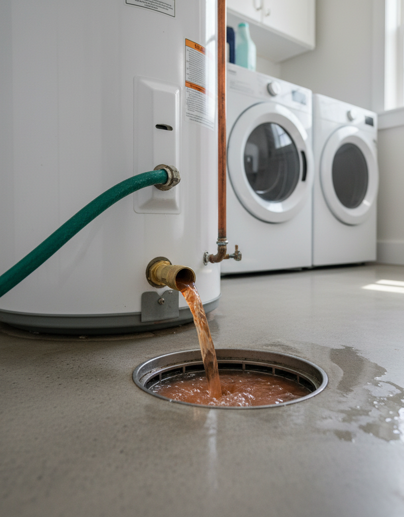 Homeowner flushing a water heater to remove sediment causing popping noises