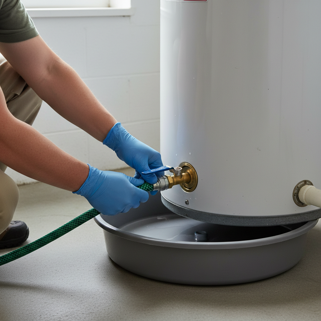 Homeowner connecting a garden hose to a water heater drain valve to flush sediment.