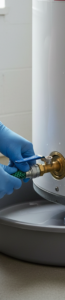 Homeowner connecting a garden hose to a water heater drain valve to flush sediment.