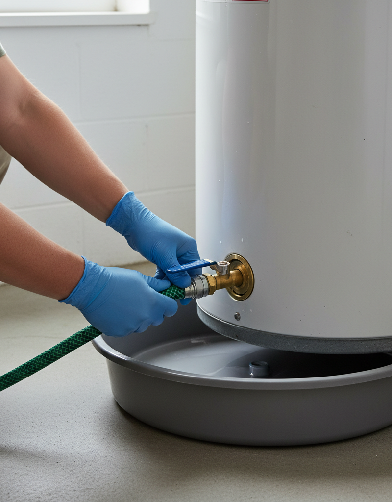 Homeowner connecting a garden hose to a water heater drain valve to flush sediment.