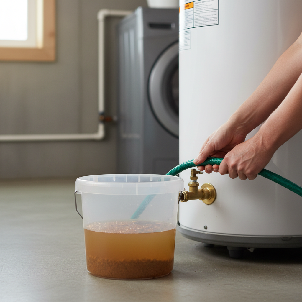 Homeowner connecting a garden hose to a water heater drain valve to flush sediment.