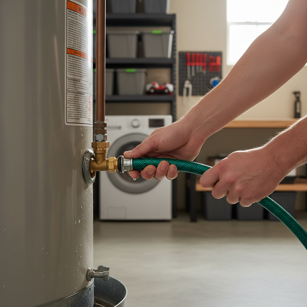 Homeowner connecting a garden hose to the drain valve of a water heater to perform a flush.