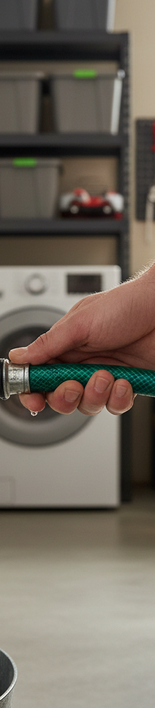 Homeowner connecting a garden hose to the drain valve of a water heater to perform a flush.