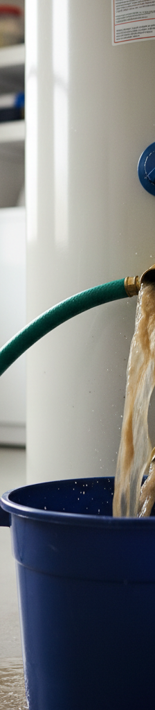 Garden hose draining cloudy, sediment-filled water from a water heater's drain valve during a flush.