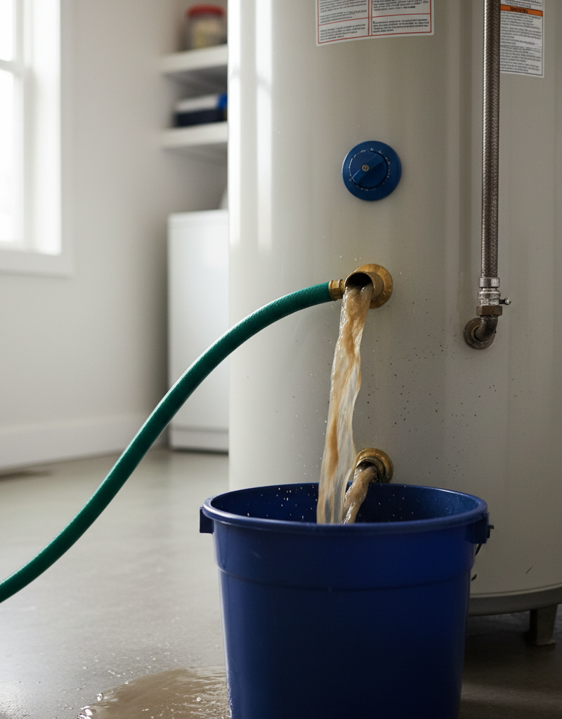 Garden hose draining cloudy, sediment-filled water from a water heater's drain valve during a flush.