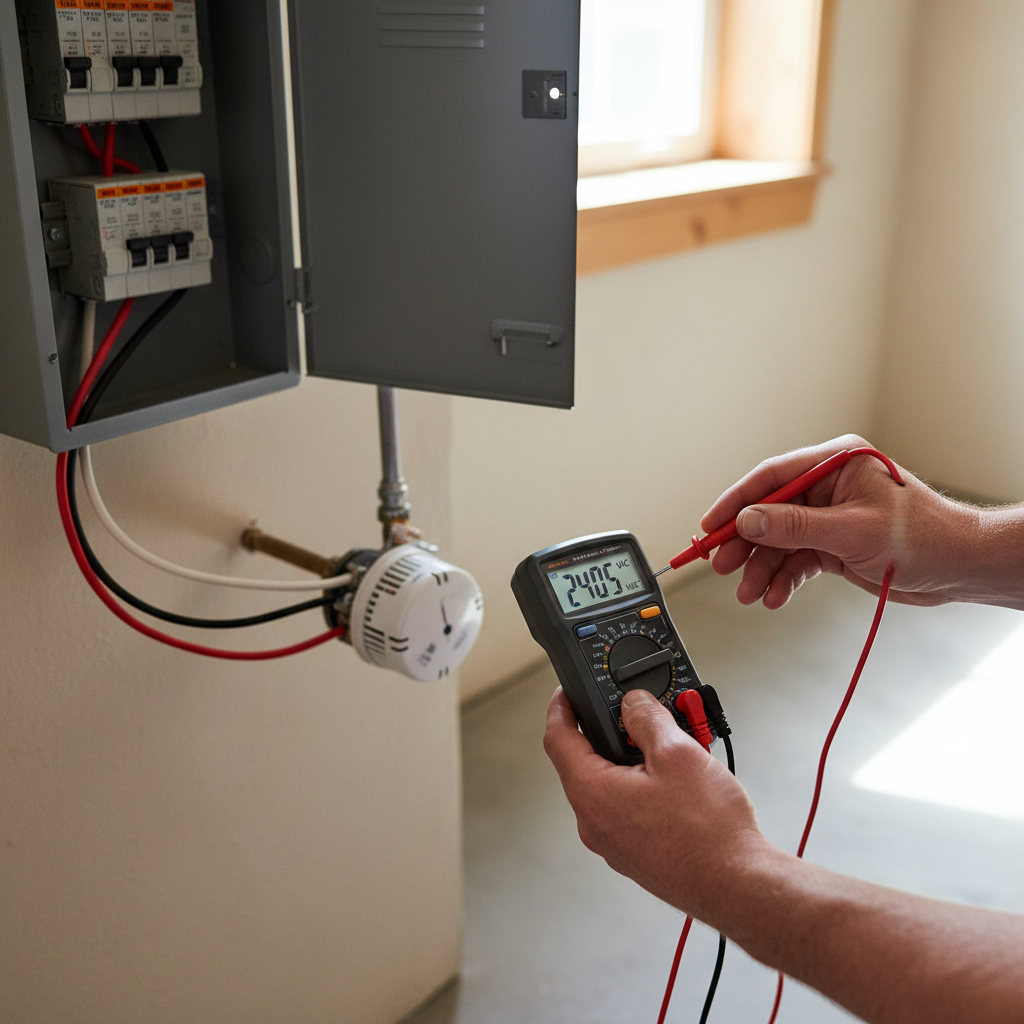 Homeowner testing an electric water heater thermostat with a multimeter