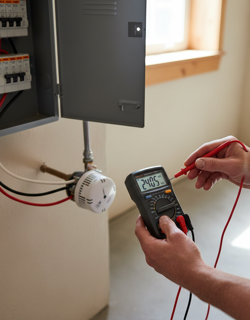 Homeowner testing an electric water heater thermostat with a multimeter