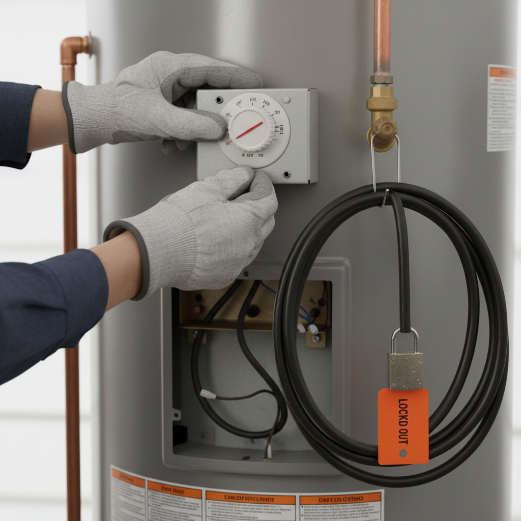 Homeowner safely adjusting a water heater thermostat dial with a screwdriver.