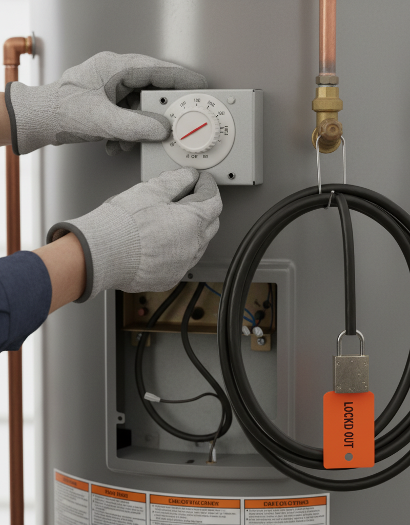 Homeowner safely adjusting a water heater thermostat dial with a screwdriver.