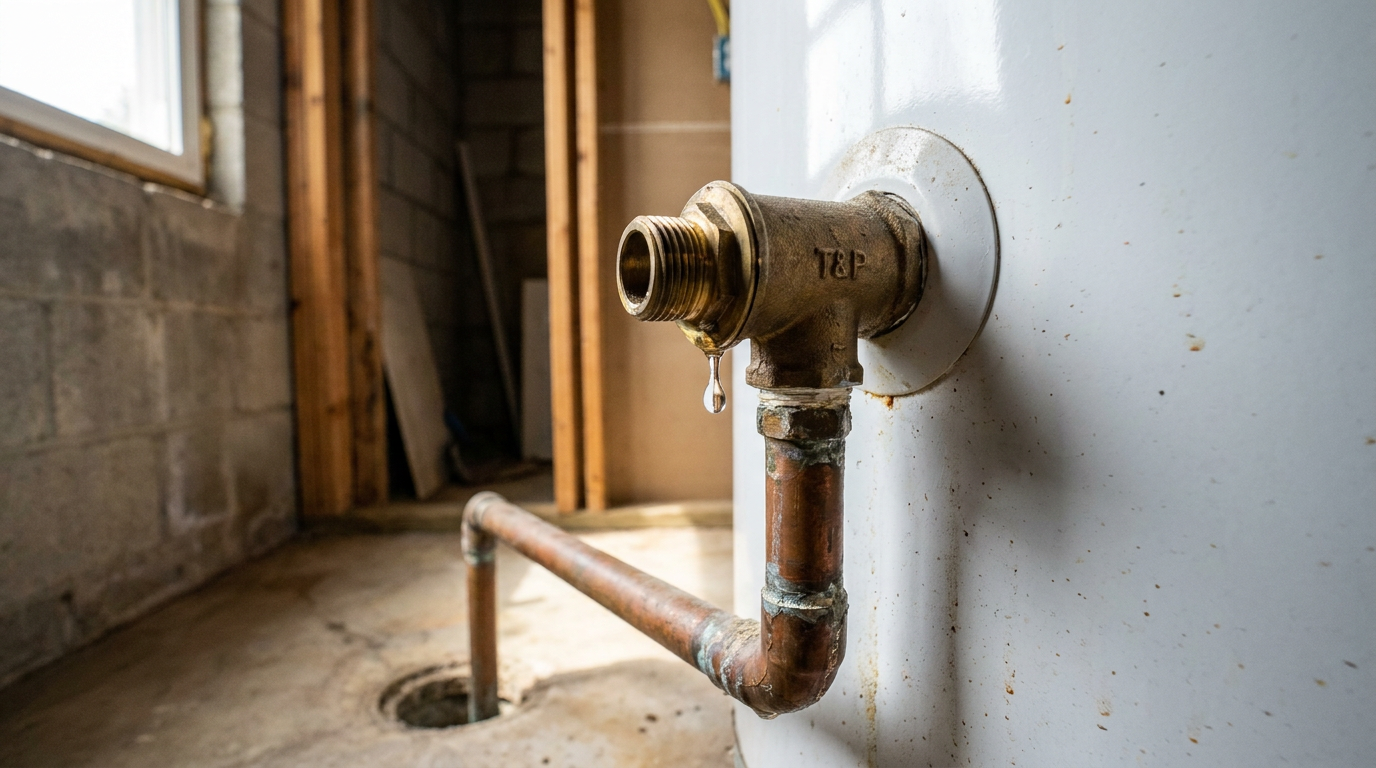 A close-up of a water heater's leaking T&P relief valve with a water droplet forming.