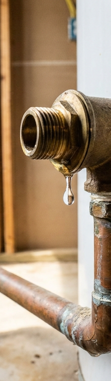 A close-up of a water heater's leaking T&P relief valve with a water droplet forming.