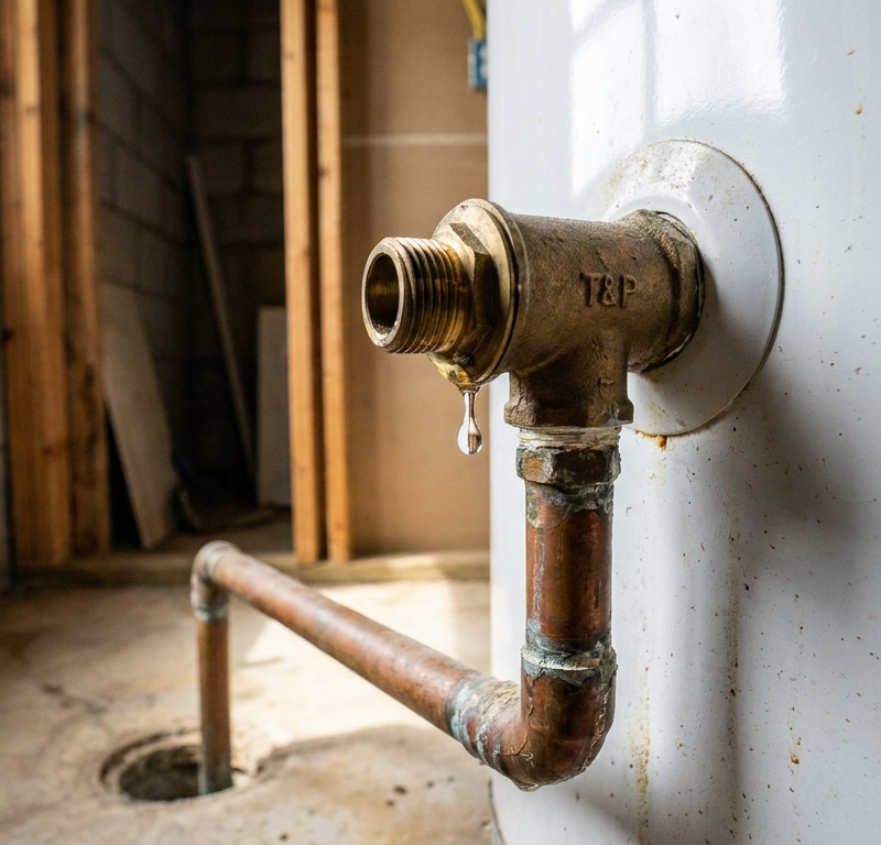 A close-up of a water heater's leaking T&P relief valve with a water droplet forming.