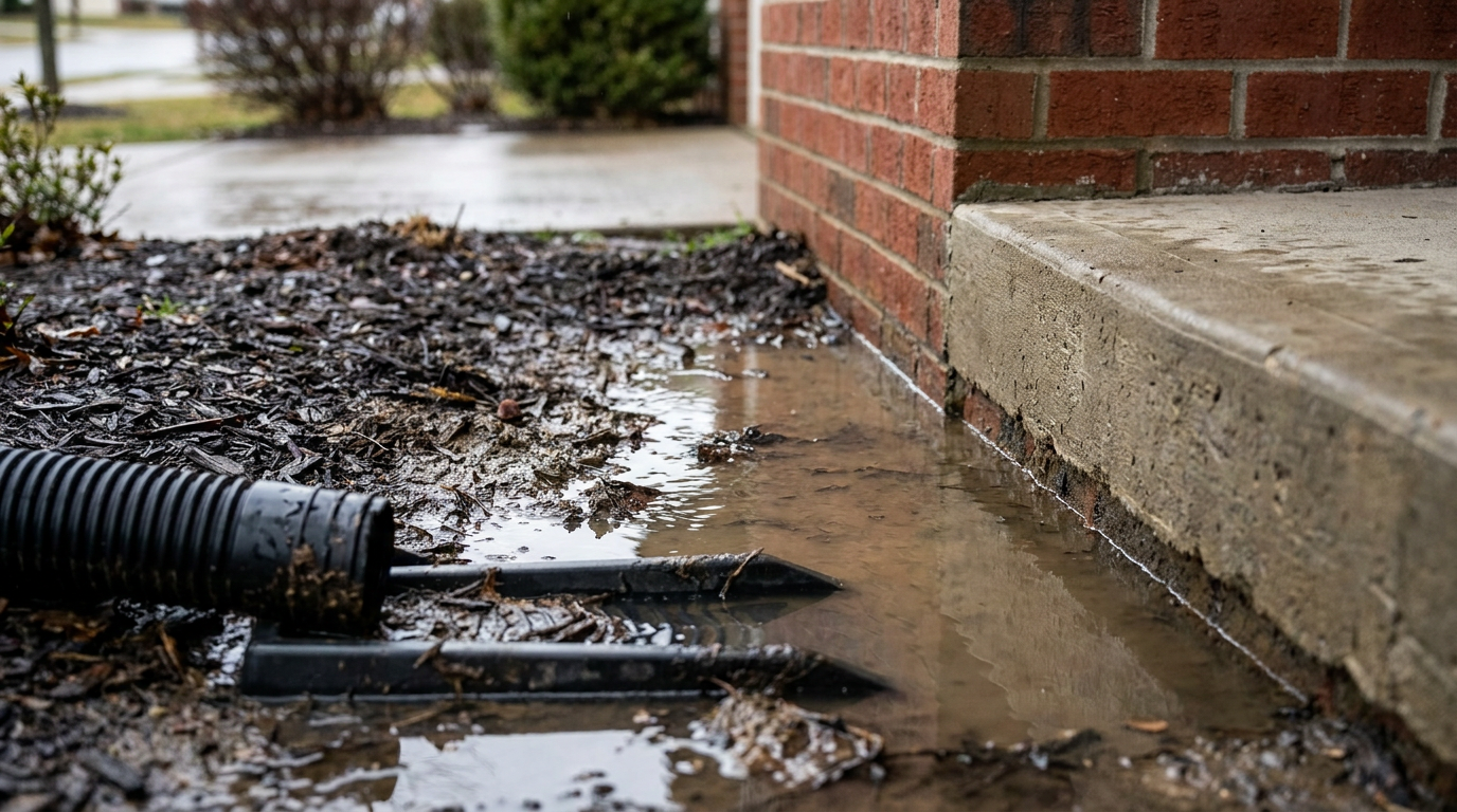 Water pooling along foundation landscape bed with mulch and house siding