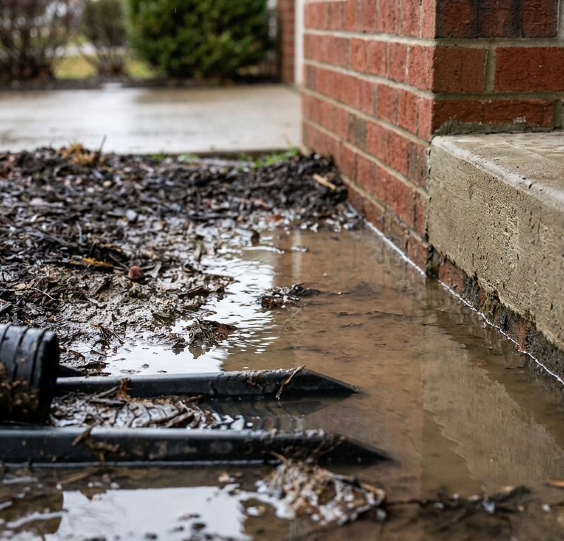 Water pooling along foundation landscape bed with mulch and house siding