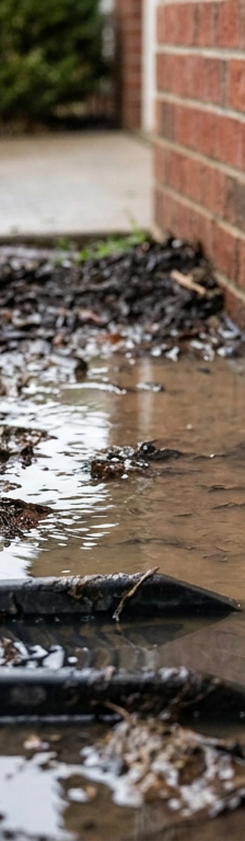 Water pooling along foundation landscape bed with mulch and house siding