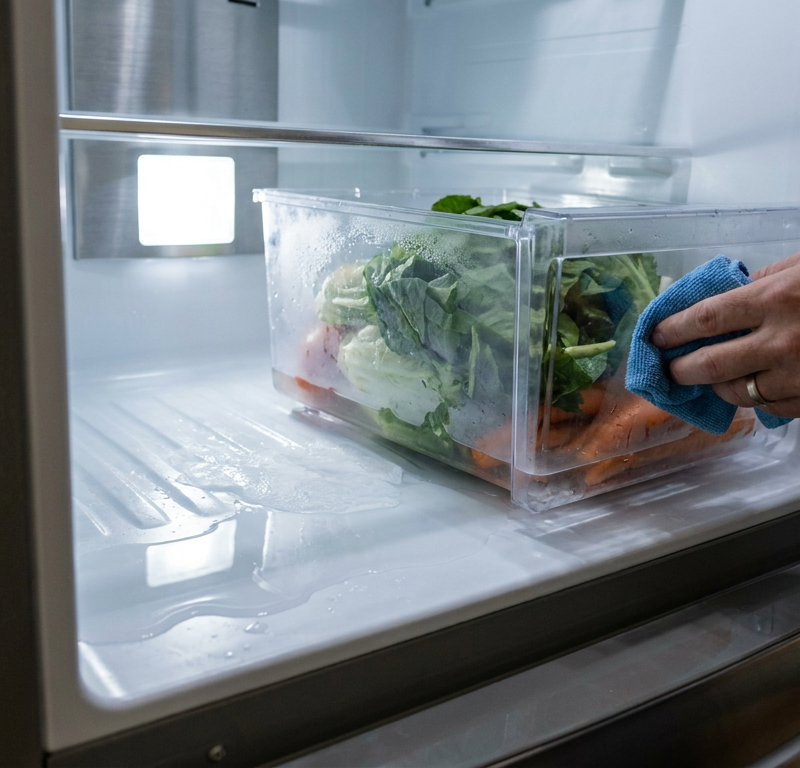 Water pooling on plastic floor under clear plastic refrigerator crisper drawer with ice sheet
