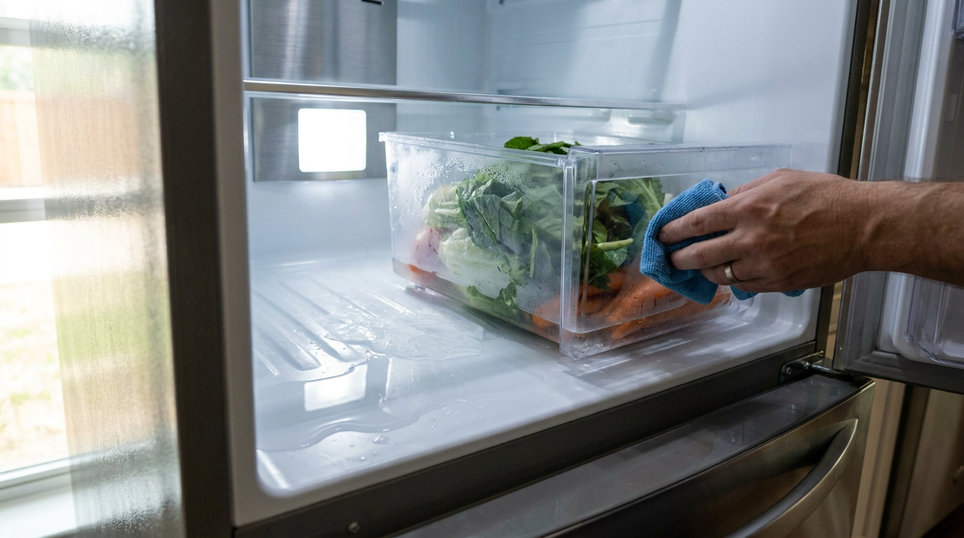 Water pooling on plastic floor under clear plastic refrigerator crisper drawer with ice sheet