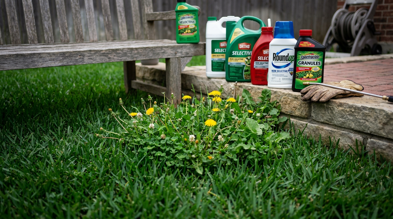 A close-up of a green lawn infested with dandelions and clover, illustrating the need to choose the right weed killer.