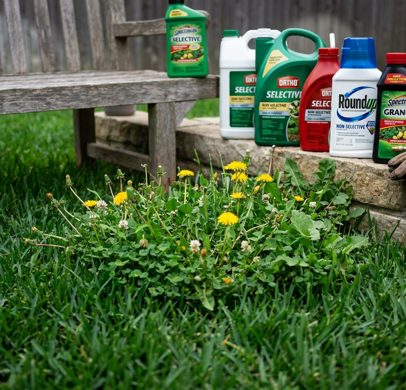 A close-up of a green lawn infested with dandelions and clover, illustrating the need to choose the right weed killer.