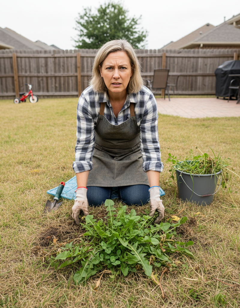 Frustrated homeowner looking at resilient weeds regrowing in their lawn after treatment, highlighting a common weed killer mistake.