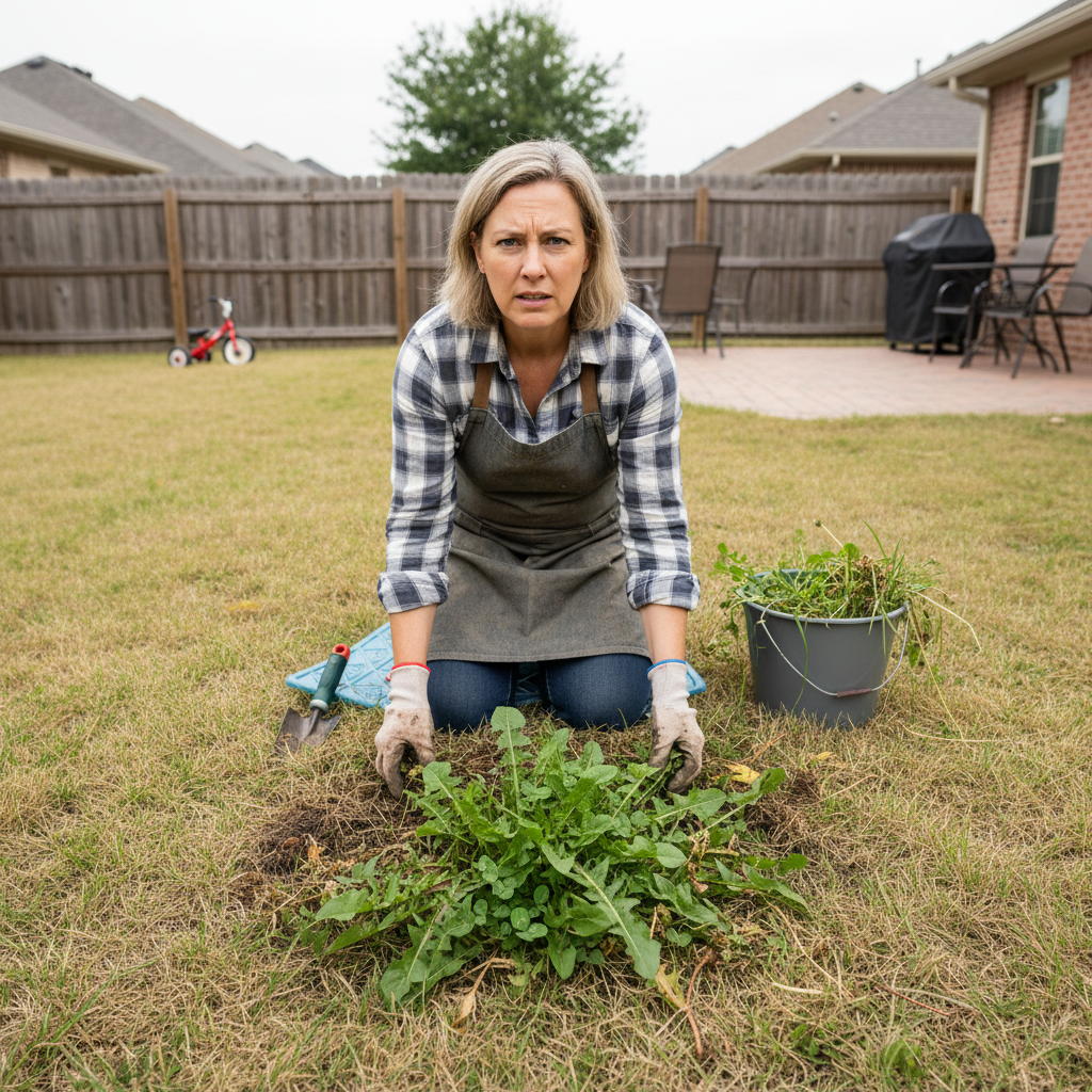 Frustrated homeowner looking at resilient weeds regrowing in their lawn after treatment, highlighting a common weed killer mistake.
