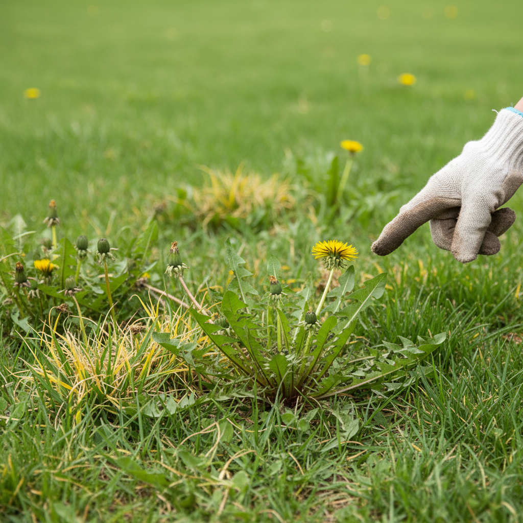 A gloved hand pointing at stubborn weeds in a patchy lawn, illustrating ineffective weed killer.