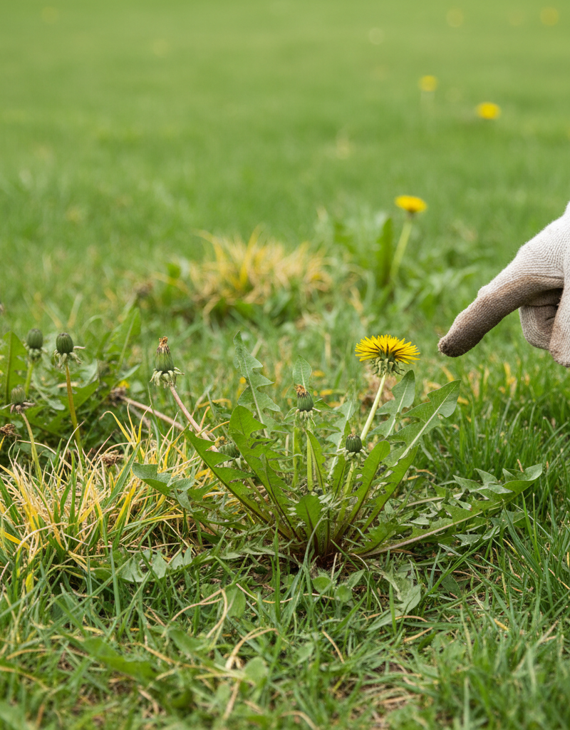 A gloved hand pointing at stubborn weeds in a patchy lawn, illustrating ineffective weed killer.