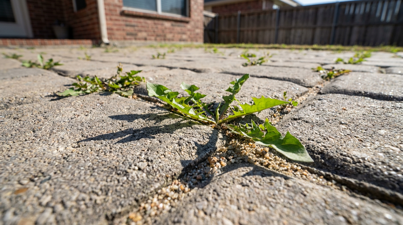 Close-up of invasive green weeds sprouting between textured concrete paver joints on a residential patio.