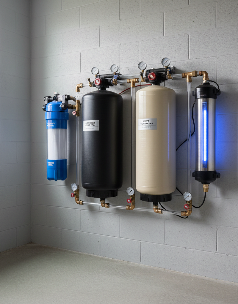 Various components of a whole-house well water filtration system installed on a basement wall