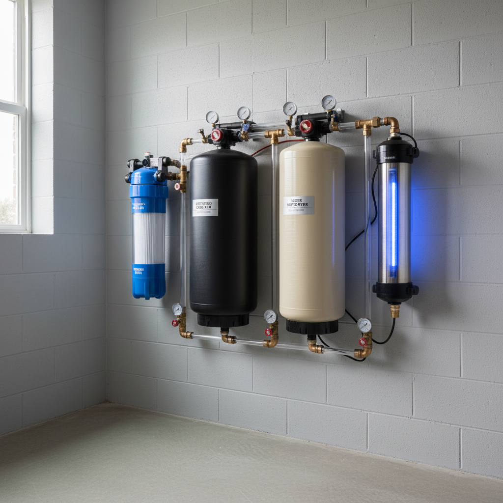 Various components of a whole-house well water filtration system installed on a basement wall