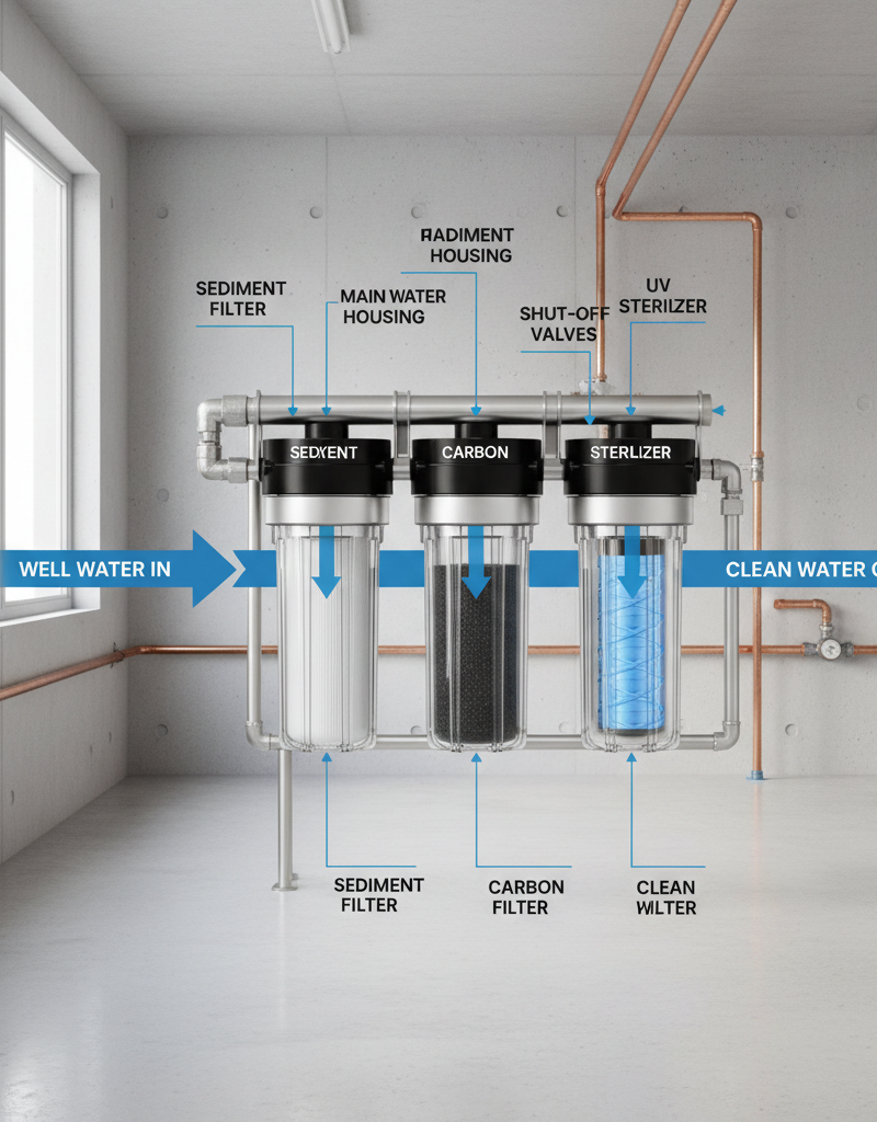 Diagram showing the flow of well water through a whole-house filtration system including sediment, carbon, and UV filters.