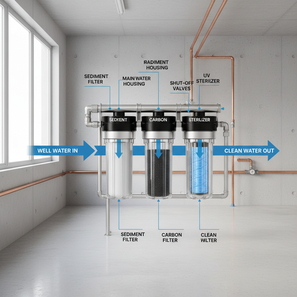 Diagram showing the flow of well water through a whole-house filtration system including sediment, carbon, and UV filters.