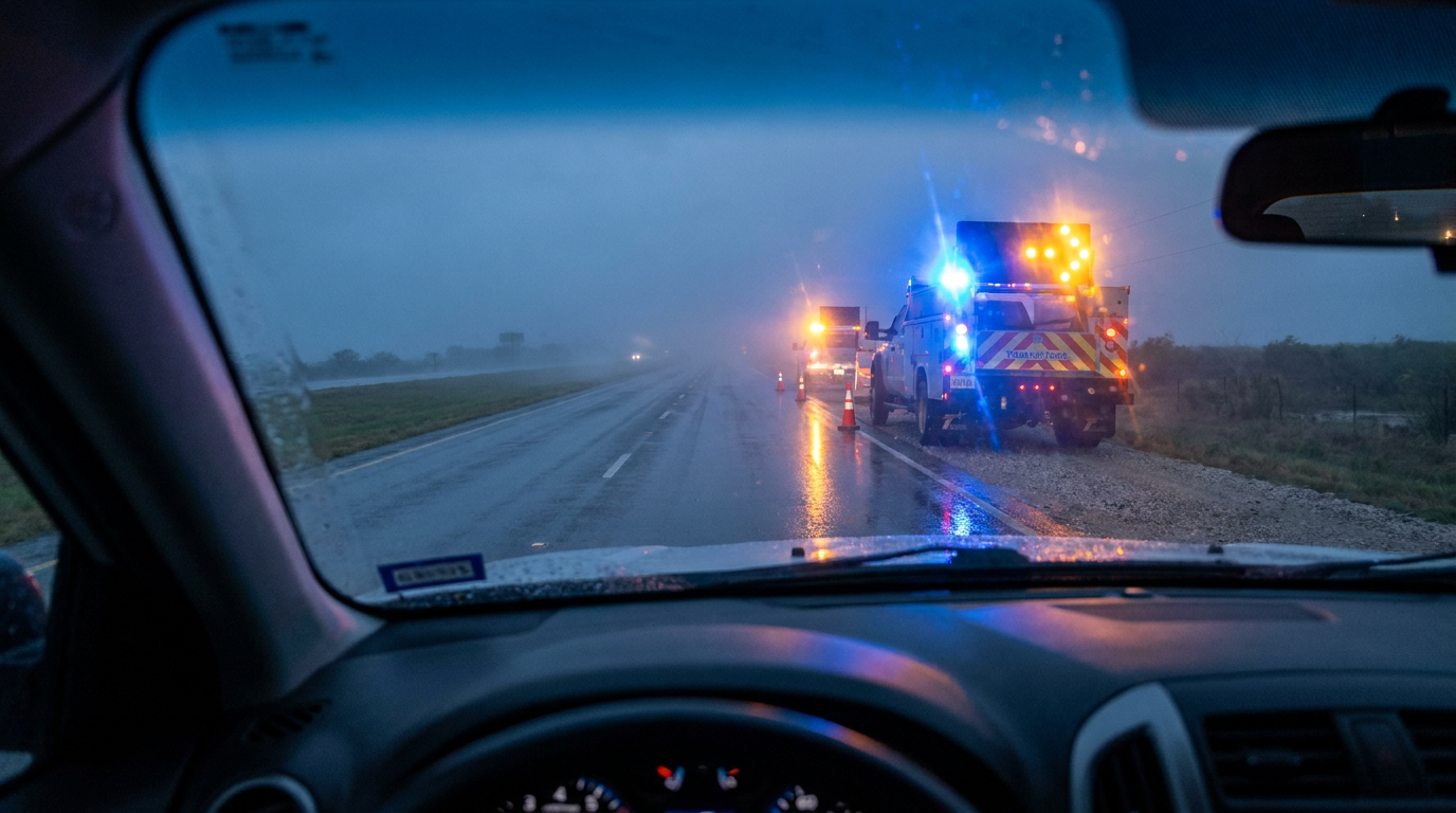 A driver's view of a construction truck with flashing blue and amber warning lights on the side of a highway.
