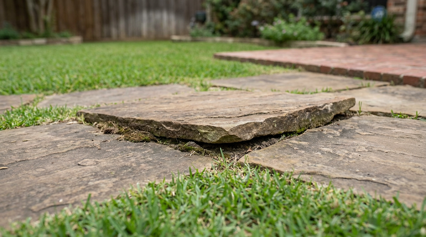 A single raised paver in a backyard walkway, pushed up by landscape heaving and creating a trip hazard.