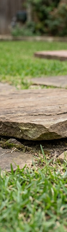 A single raised paver in a backyard walkway, pushed up by landscape heaving and creating a trip hazard.