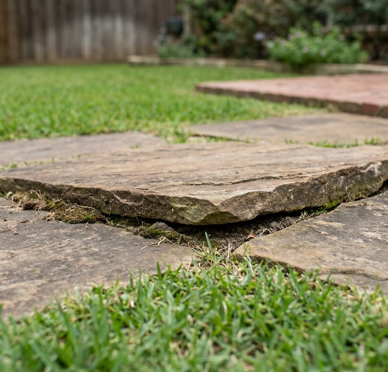 A single raised paver in a backyard walkway, pushed up by landscape heaving and creating a trip hazard.