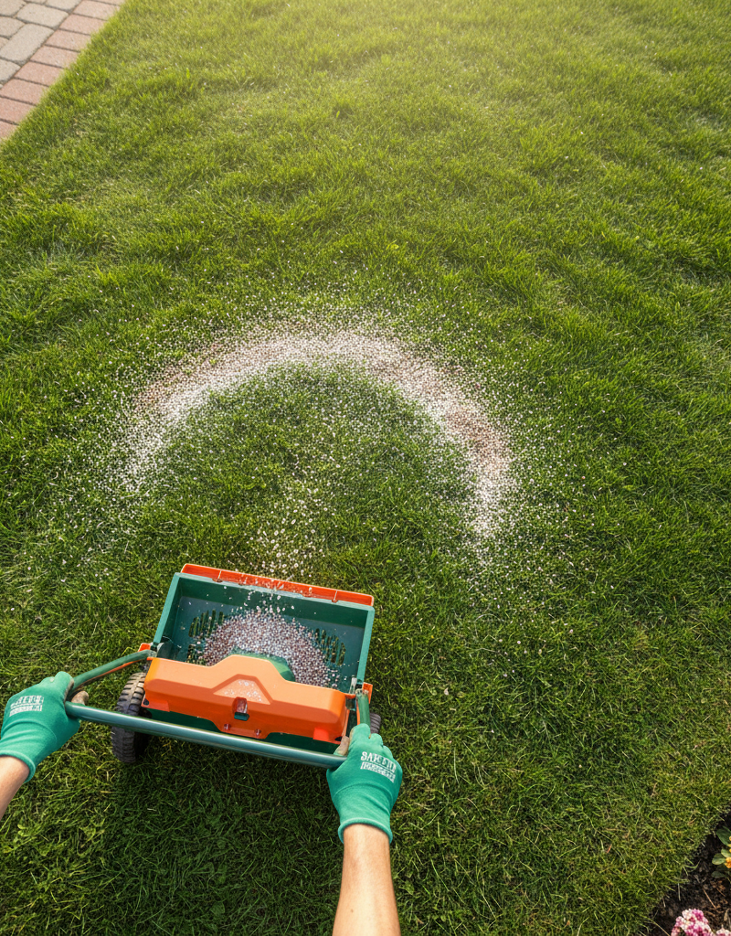 Homeowner fertilizing a vibrant green lawn with a broadcast spreader in the late afternoon sun.