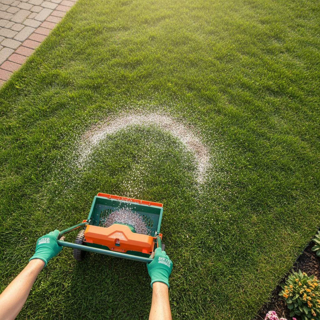 Homeowner fertilizing a vibrant green lawn with a broadcast spreader in the late afternoon sun.