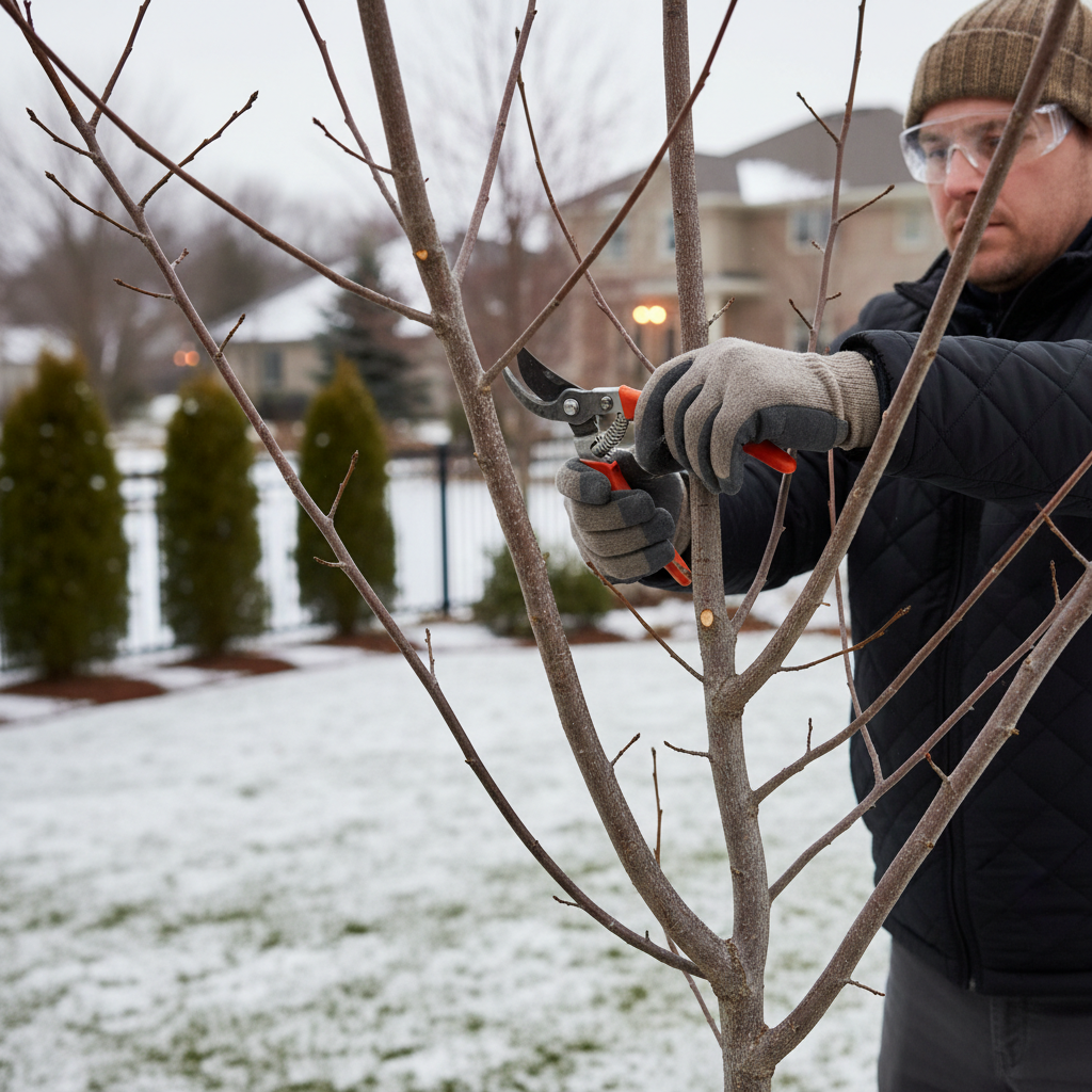 Homeowner carefully pruning a dormant deciduous tree in late winter, using clean tools and wearing safety gear.