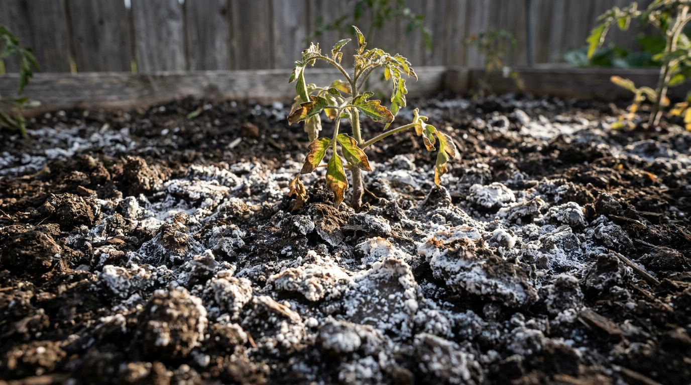 White chalky mineral salt crust on dark garden soil around struggling green plants