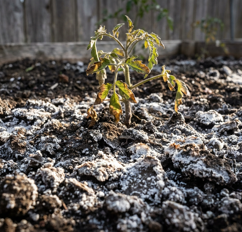 White chalky mineral salt crust on dark garden soil around struggling green plants