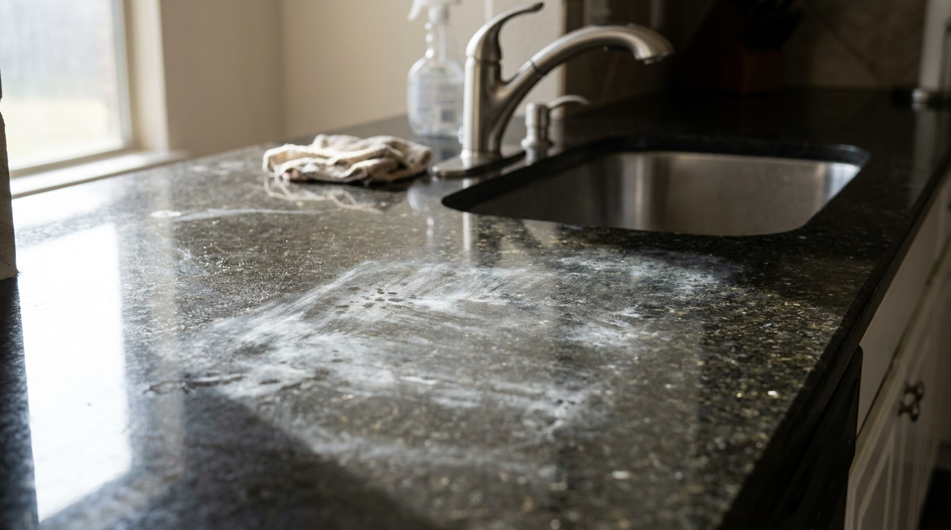 A close-up of a dark granite countertop with a cloudy, white mineral residue haze, showing the need for cleaning.