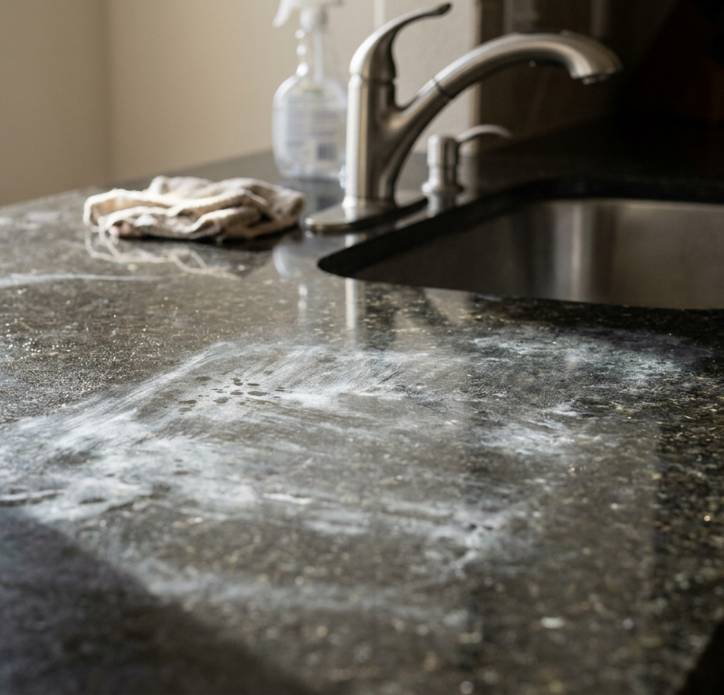 A close-up of a dark granite countertop with a cloudy, white mineral residue haze, showing the need for cleaning.