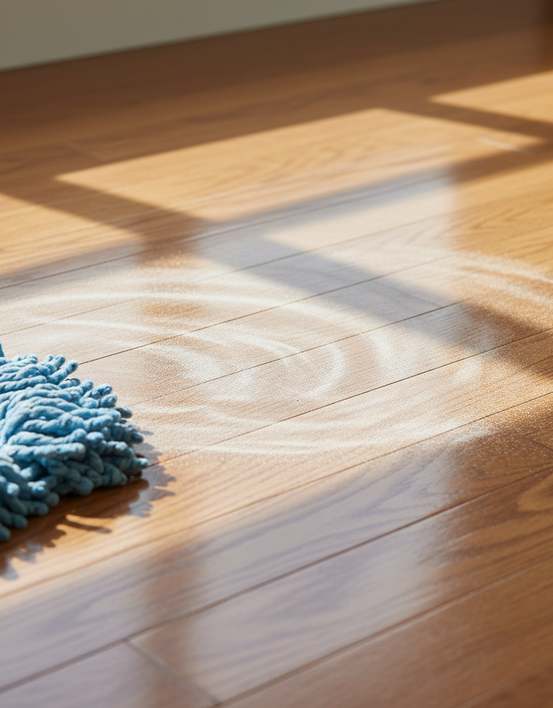 Hardwood floor with a faint white powdery residue, illustrating cleaning aftermath.