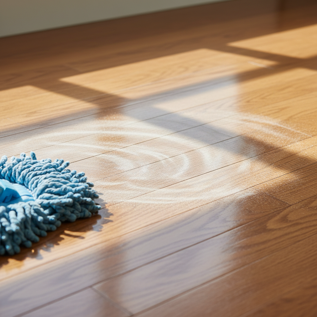 Hardwood floor with a faint white powdery residue, illustrating cleaning aftermath.