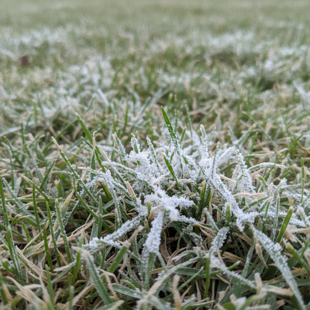 Close-up of grass blades covered in white powdery mildew, resembling a fine white dust.