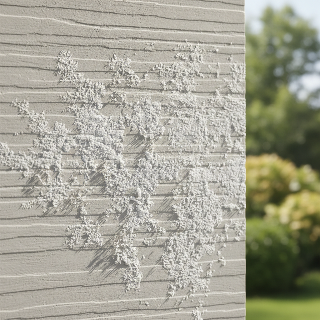 Close-up of white powdery efflorescence on a fiber cement siding panel